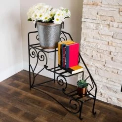 Achla Designs 33 in. Tall Black Powder Coat Iron 3-Level Peacock Steps Plant Stand Right Rail -Achla Designs Shop achla designs plant stands fc 04r 44 1000