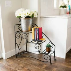 Achla Designs 33 in. Tall Black Powder Coat Iron 3-Level Peacock Steps Plant Stand Right Rail -Achla Designs Shop achla designs plant stands fc 04r fa 1000
