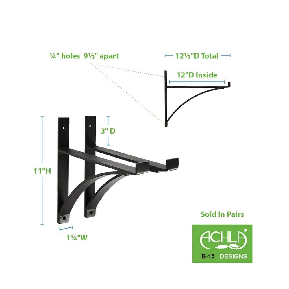 Achla Designs 12.5 in. Tall Black Powder Coat Rookwood Brackets for Shelf Mantle Flower Box (Set of 2) 4 Achla Designs 12.5 in. Tall Black Powder Coat Rookwood Brackets for Shelf Mantle Flower Box (Set of 2) - Image 2