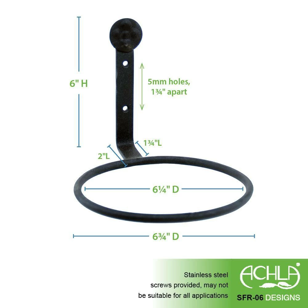 Achla Designs 6 in. Dia Black Powder Coat Metal Wall Mounted Flower Pot Holder Ring Bracket 5 Achla Designs 6 in. Dia Black Powder Coat Metal Wall Mounted Flower Pot Holder Ring Bracket - Image 3