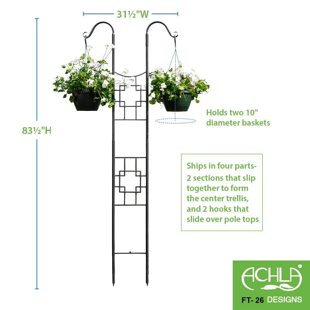 Achla Designs Square-On-Squares Modern Double Pole Garden Trellis, 83.5 in. Tall Graphite Powder Coat Finish 5 Achla Designs Square-On-Squares Modern Double Pole Garden Trellis, 83.5 in. Tall Graphite Powder Coat Finish - Image 3