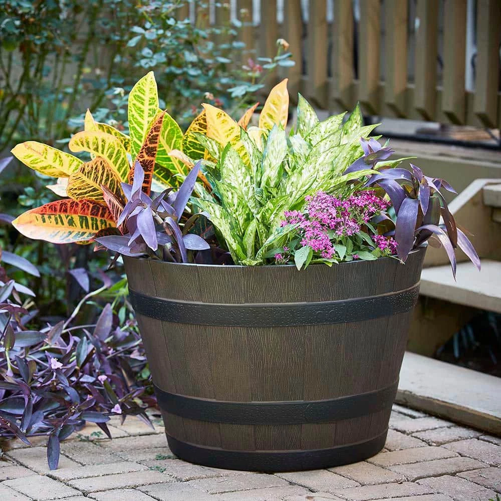 Southern Patio 22.44 in. Dia x 14.96 in. H Rustic Oak High-Density Resin Whiskey Barrel Planter 4 Southern Patio 22.44 in. Dia x 14.96 in. H Rustic Oak High-Density Resin Whiskey Barrel Planter - Image 2