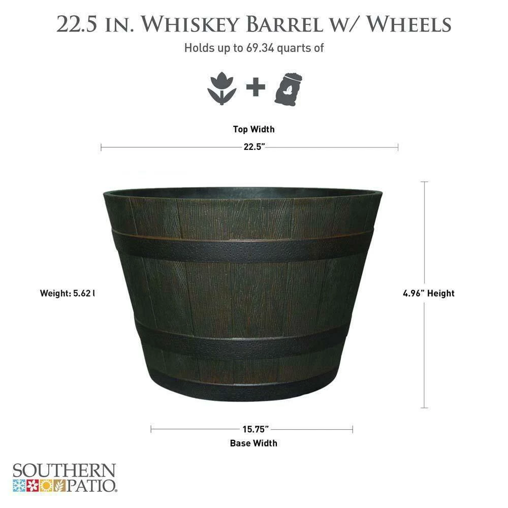 Southern Patio 22.5 in. Dia x 15 in. H Dark Brown High-Density Resin Whiskey Barrel Planter with Wheels 5 Southern Patio 22.5 in. Dia x 15 in. H Dark Brown High-Density Resin Whiskey Barrel Planter with Wheels - Image 3