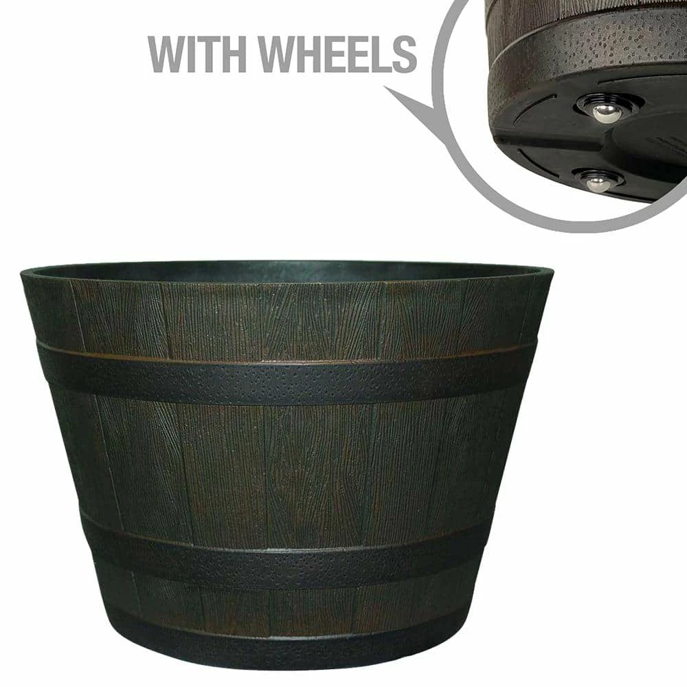 Southern Patio 22.5 in. Dia x 15 in. H Dark Brown High-Density Resin Whiskey Barrel Planter with Wheels 3 Southern Patio 22.5 in. Dia x 15 in. H Dark Brown High-Density Resin Whiskey Barrel Planter with Wheels