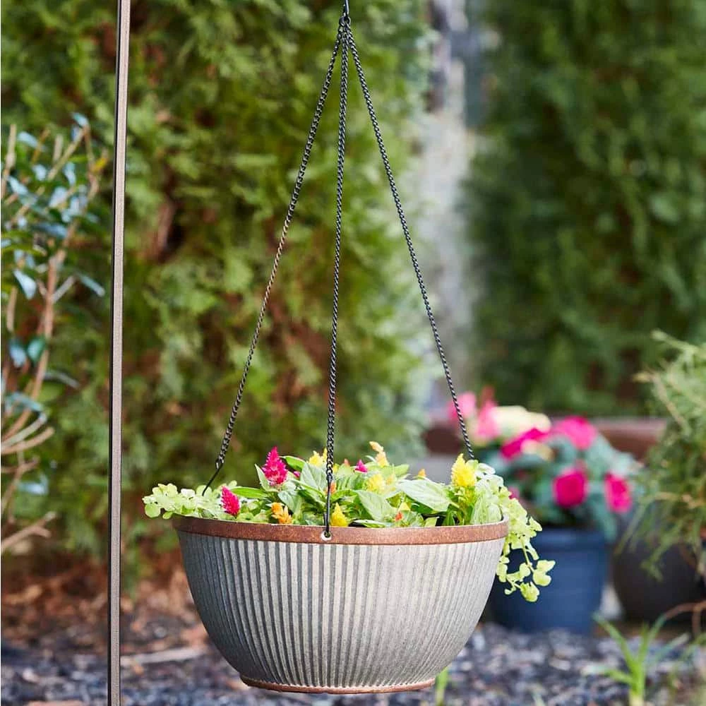 Southern Patio Westlake 12.5 in. Silver with Bronze Trim High-Density Resin Hanging Basket Planter 11 Southern Patio Westlake 12.5 in. Silver with Bronze Trim High-Density Resin Hanging Basket Planter - Image 9