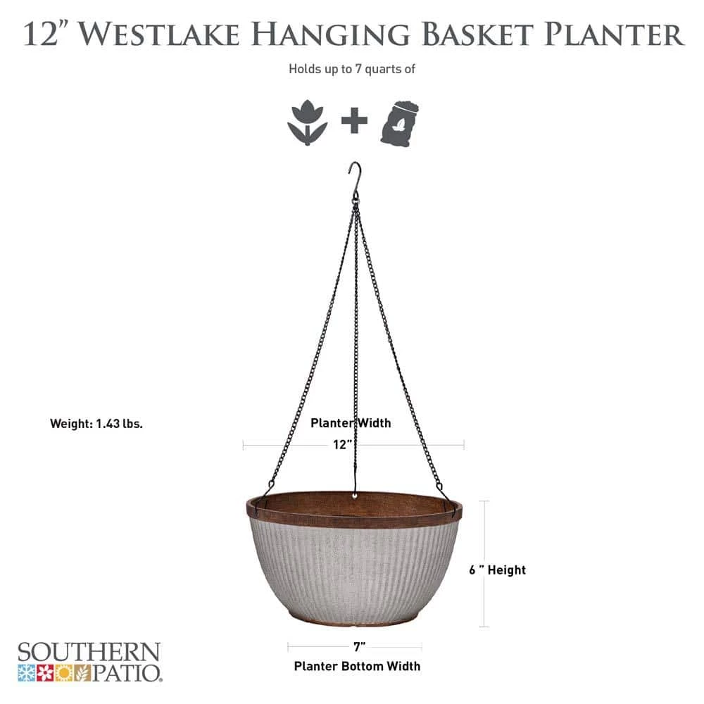Southern Patio Westlake 12.5 in. Silver with Bronze Trim High-Density Resin Hanging Basket Planter 4 Southern Patio Westlake 12.5 in. Silver with Bronze Trim High-Density Resin Hanging Basket Planter - Image 2