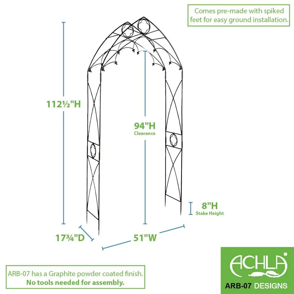 Achla Designs Classic Gothic Style Quatrefoil Garden Arbor, 112.5 in. Tall Graphite Powder Coated Finish 4 Achla Designs Classic Gothic Style Quatrefoil Garden Arbor, 112.5 in. Tall Graphite Powder Coated Finish - Image 2