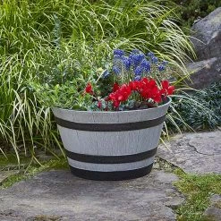 Southern Patio Resin Whiskey Barrel Garden Planter Pot, Gray (2 Pack) 11 Southern Patio Resin Whiskey Barrel Garden Planter Pot, Gray (2 Pack) -Achla Designs Shop gray southern patio plant pots 2 x spat hdr 055457 31 1000
