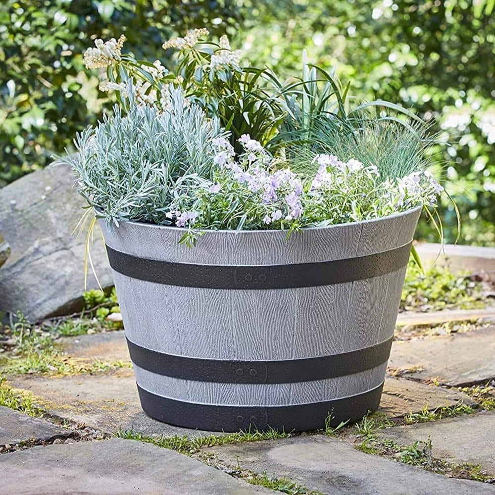 Southern Patio Resin Whiskey Barrel Garden Planter Pot, Gray (2 Pack) 5 Southern Patio Resin Whiskey Barrel Garden Planter Pot, Gray (2 Pack) - Image 3