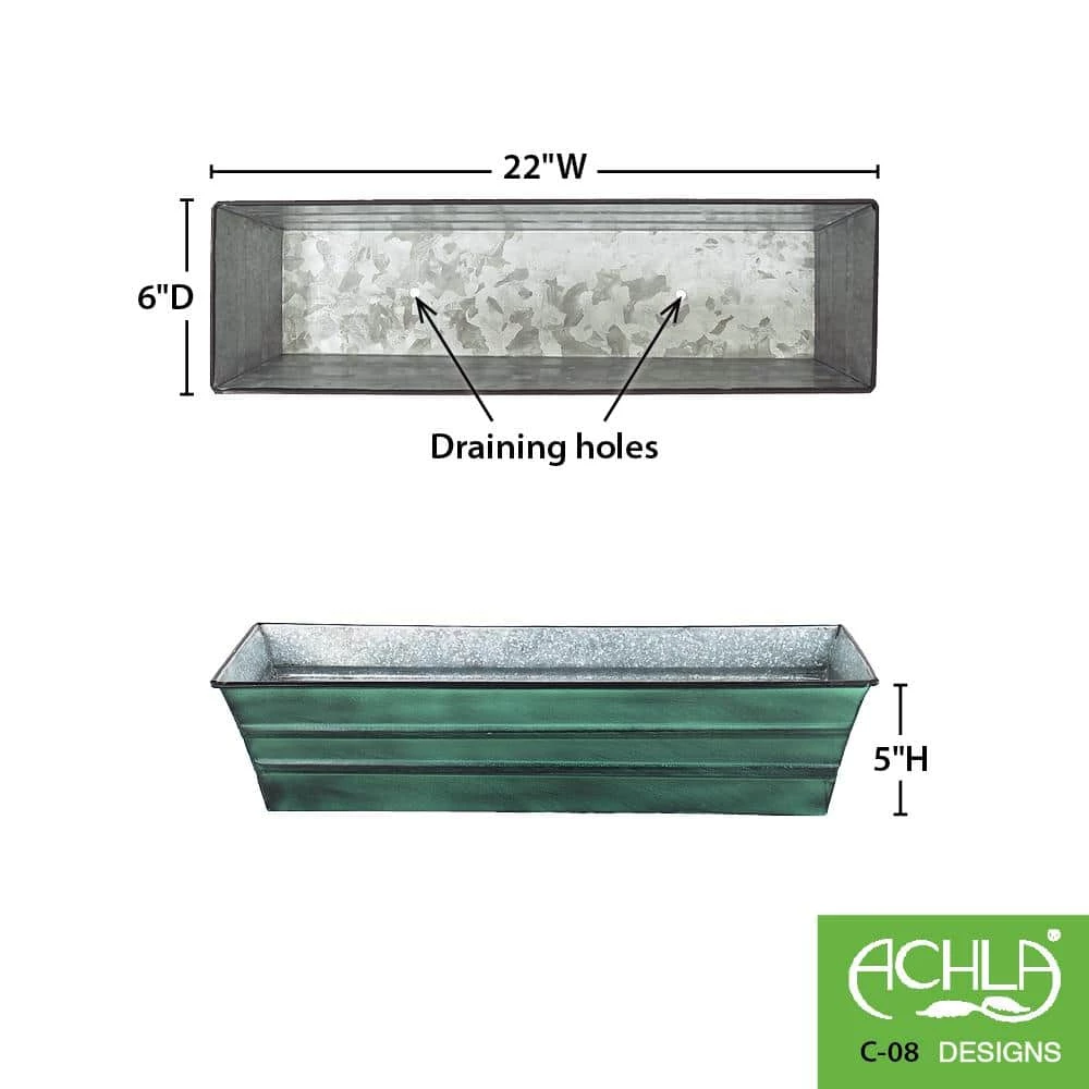 Achla Designs Small Galvanized Steel Flower Box Planter, 22 in. W Green Patina 4 Achla Designs Small Galvanized Steel Flower Box Planter, 22 in. W Green Patina - Image 2