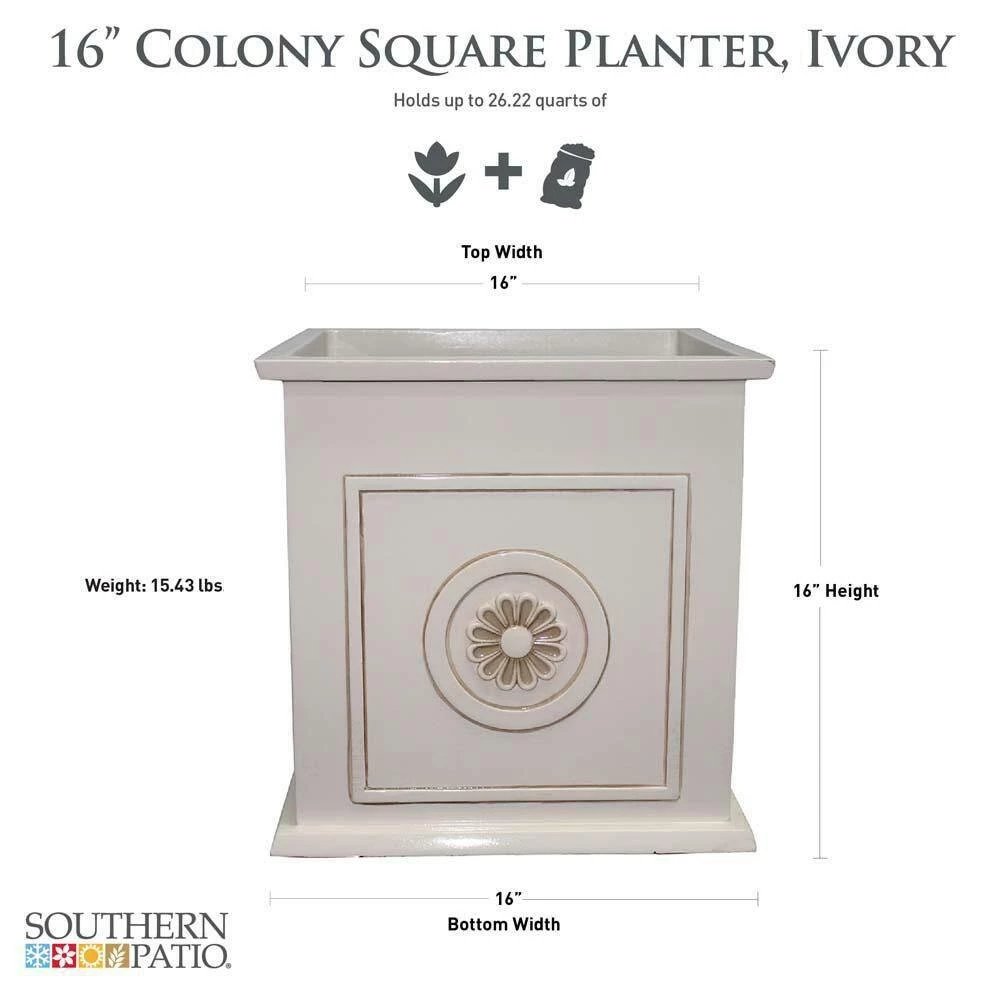Southern Patio Colony Large 16 in. x 16 in. Ivory Resin Composite Square Planter Box 5 Southern Patio Colony Large 16 in. x 16 in. Ivory Resin Composite Square Planter Box - Image 3