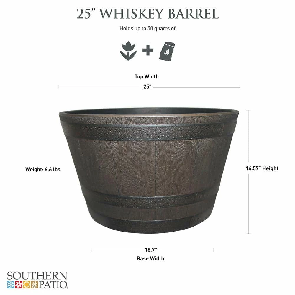 Southern Patio 25 in. Dia x 14.57 in. H Rustic Oak High-Density Resin Whiskey Barrel Planter 5 Southern Patio 25 in. Dia x 14.57 in. H Rustic Oak High-Density Resin Whiskey Barrel Planter - Image 3