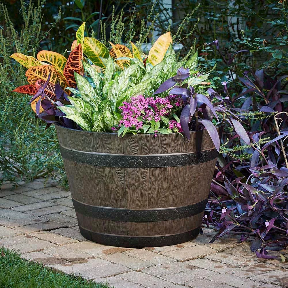 Southern Patio 25 in. Dia x 14.57 in. H Rustic Oak High-Density Resin Whiskey Barrel Planter 4 Southern Patio 25 in. Dia x 14.57 in. H Rustic Oak High-Density Resin Whiskey Barrel Planter - Image 2