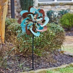 Southern Patio 36 in. H Pinwheel Dual Kinetic Wind Spinner Yard Stake, Teal and Copper -Achla Designs Shop southern patio wind spinners ldc 076940a 1d 1000