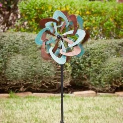 Southern Patio 36 in. H Pinwheel Dual Kinetic Wind Spinner Yard Stake, Teal and Copper -Achla Designs Shop southern patio wind spinners ldc 076940a 77 1000