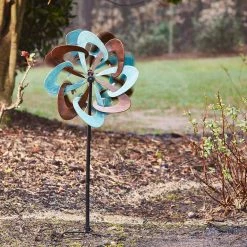 Southern Patio 36 in. H Pinwheel Dual Kinetic Wind Spinner Yard Stake, Teal and Copper -Achla Designs Shop southern patio wind spinners ldc 076940a a0 1000
