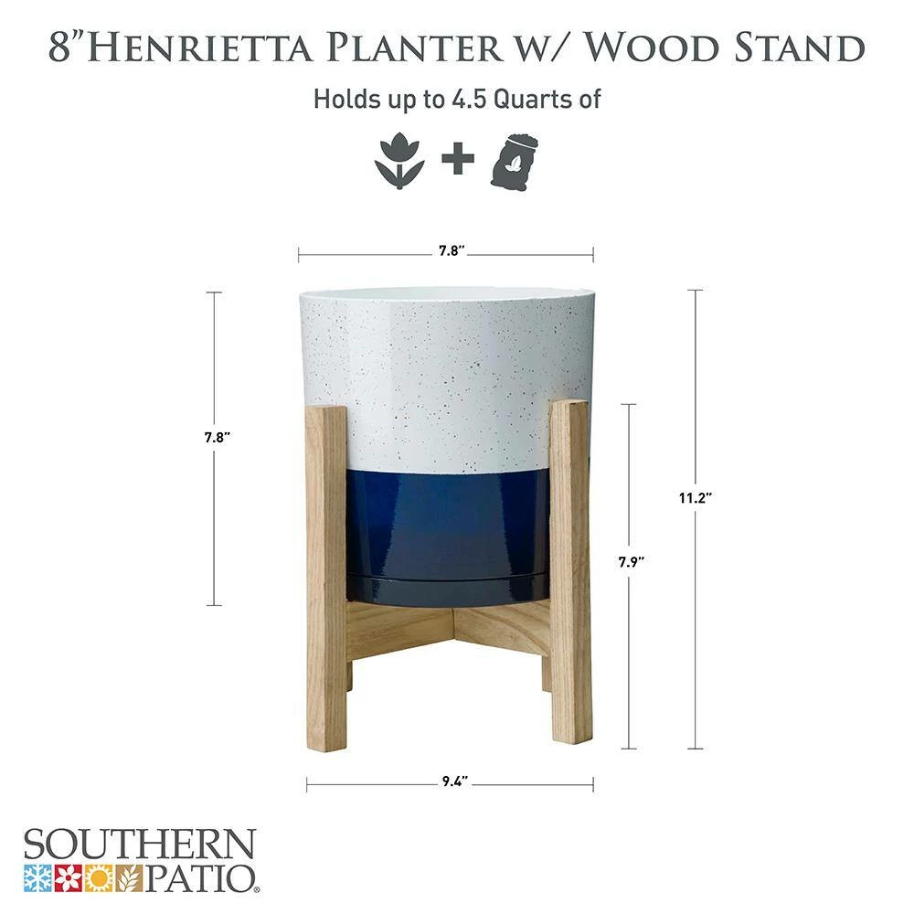 Southern Patio Henrietta 7.8 in. x 7.8 in. White and Blue High-Density Resin Indoor Planter With Wood Stand 9 Southern Patio Henrietta 7.8 in. x 7.8 in. White and Blue High-Density Resin Indoor Planter With Wood Stand - Image 7