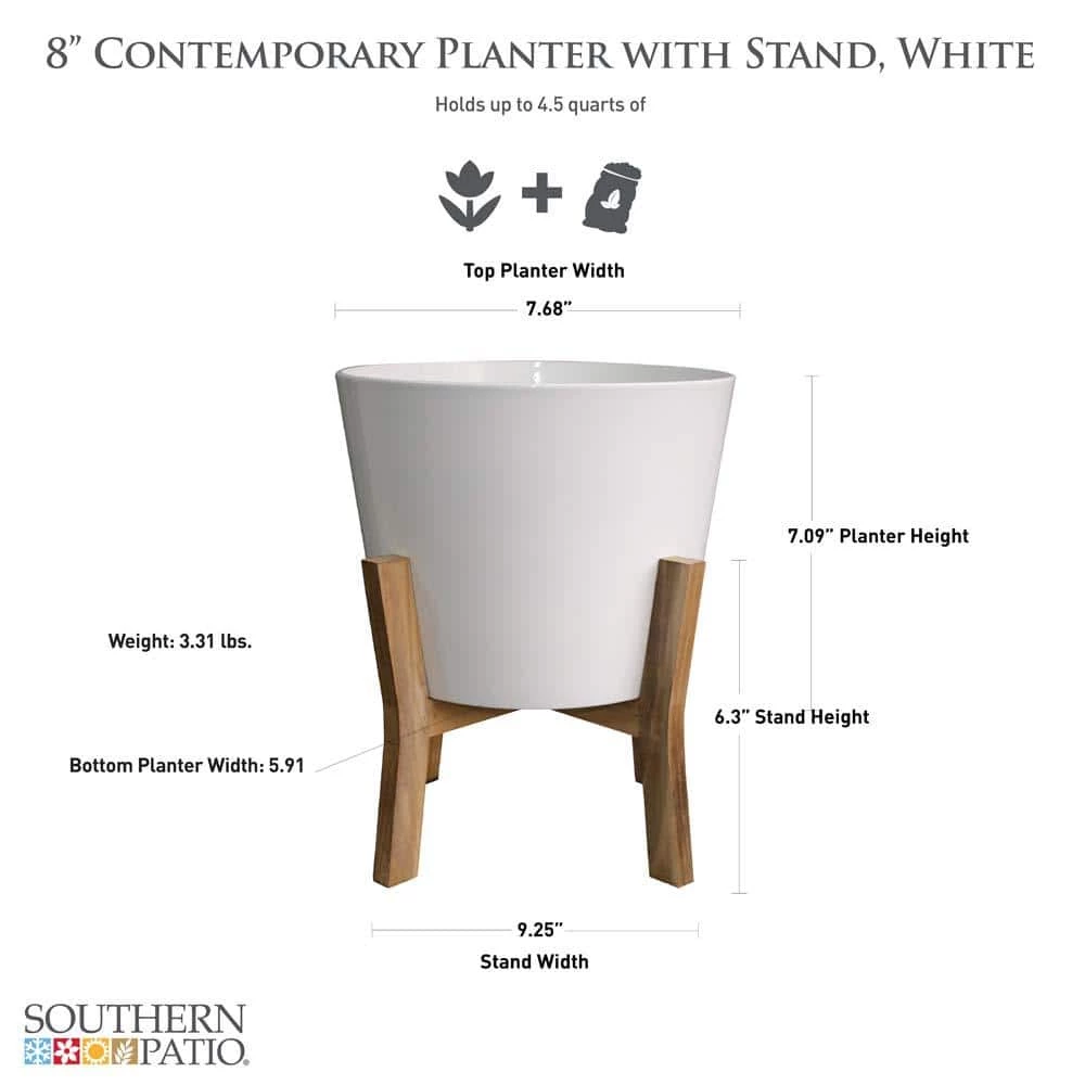 Southern Patio Contemporary 8 in. x 11.02 in. White Ceramic Indoor Planter With Wood Stand 5 Southern Patio Contemporary 8 in. x 11.02 in. White Ceramic Indoor Planter With Wood Stand - Image 3