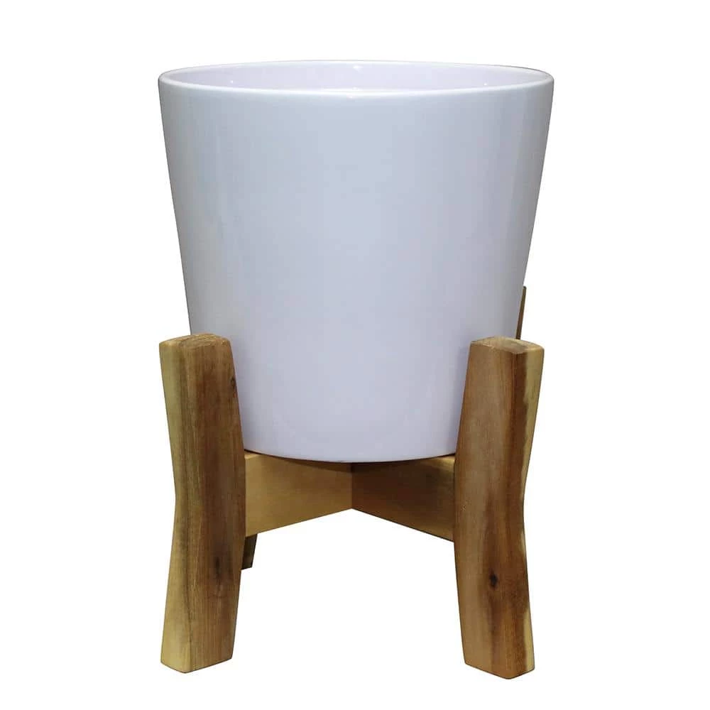 Southern Patio Contemporary 8 in. x 11.02 in. White Ceramic Indoor Planter With Wood Stand 3 Southern Patio Contemporary 8 in. x 11.02 in. White Ceramic Indoor Planter With Wood Stand