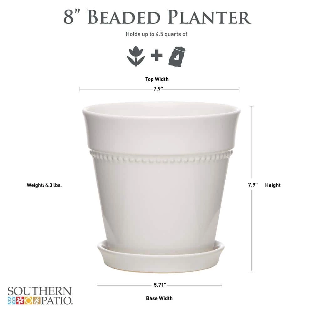 Southern Patio Beaded 8 in. x 8 in. White Ceramic Indoor Pot 5 Southern Patio Beaded 8 in. x 8 in. White Ceramic Indoor Pot - Image 3